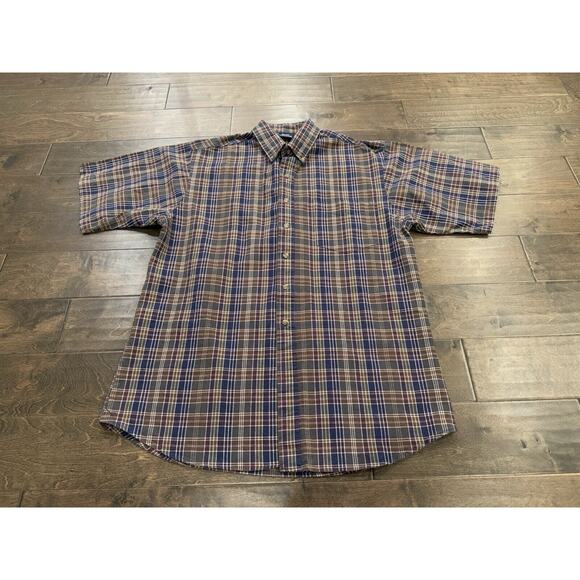 Vintage Bon Homme Mens Brown Blue Plaid Button Up Short Sleeve Shirt Size L - Picture 2 of 8